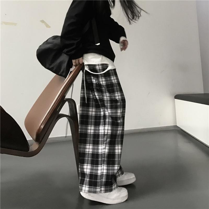 Women's Elastic Waist Plaid Wide Leg Pants Loose Fit Casual High Waist Trousers