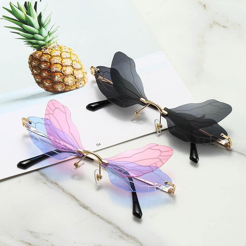 Colorful Dragonfly Rimless Sunglasses Woman Brand Designer Luxury Sun Glasses Female Party Personality Fashion