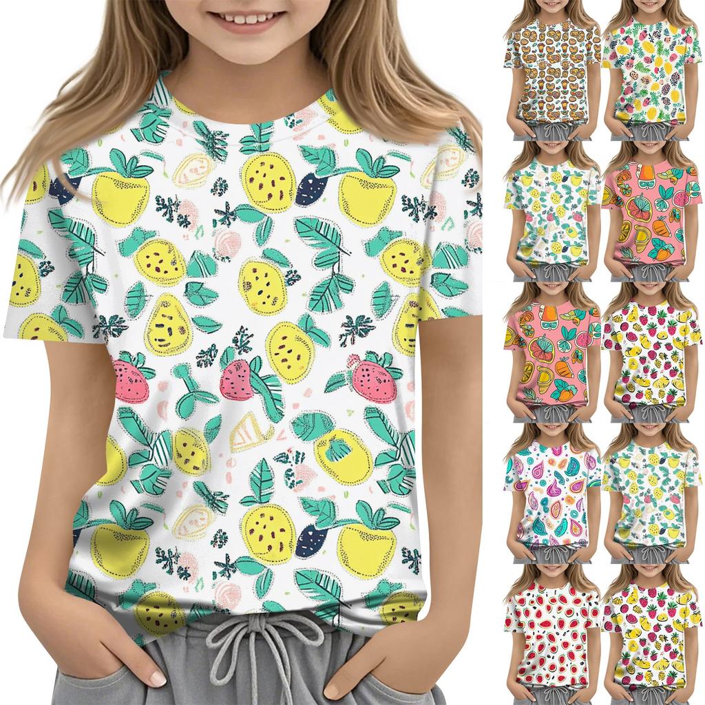 Children's Fashion Casual Short Sleeve Plant Printed Round Neck T-Shirt Top