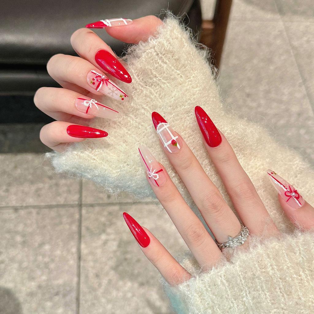 Creamy Cherry Nail Art Press On Nails Strawberry Pattern Removable Design