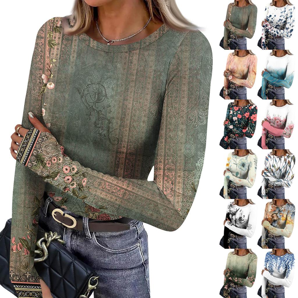 Women's And Winter Slim Bottom T-shirt Fashion Casual Gradient Printing Round Neck Pullover Long Sleeve Top