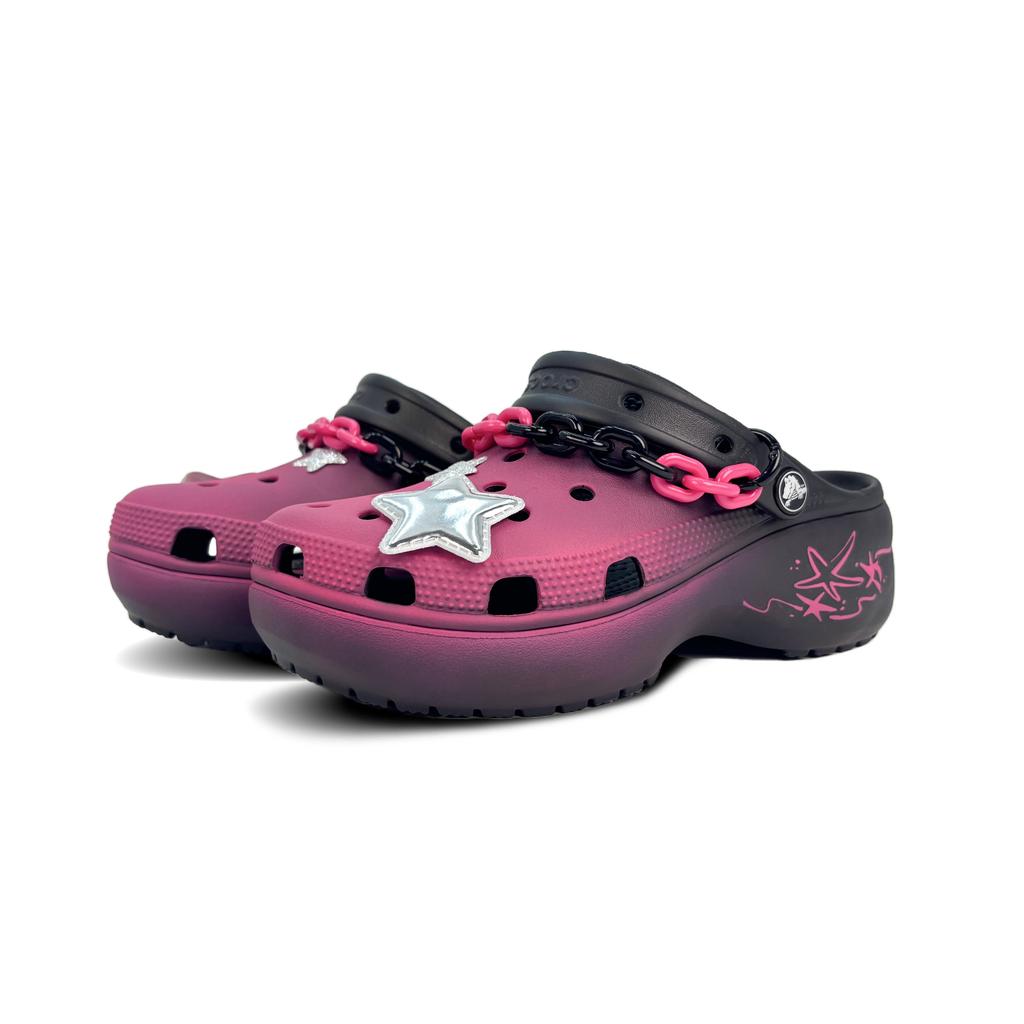 Crocs Классические клоги на платформе Galaxy Подарочная коробка Пара Богиня Граффити Galaxy Подарочная коробка Дырчатые туфли Унисекс Черный и Розовый