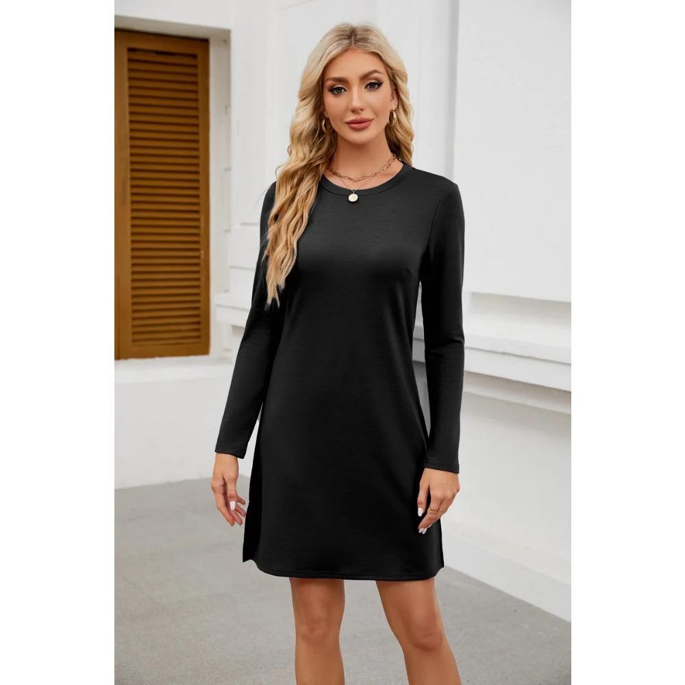 Женская толстовка с круглым вырезом и разрезом по низу, повседневное платье с длинными рукавами