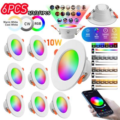 10 Вт RGB Умный точечный светильник, совместимый с Bluetooth, Встраиваемый потолочный светильник, Диммируемый, Круглая панель, 2700K-6500K для домашнего освещения