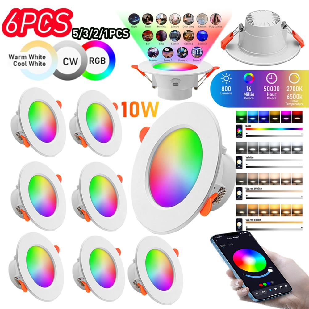 10 Вт RGB Умный точечный светильник, совместимый с Bluetooth, Встраиваемый потолочный светильник, Диммируемый, Круглая панель, 2700K-6500K для домашнего освещения