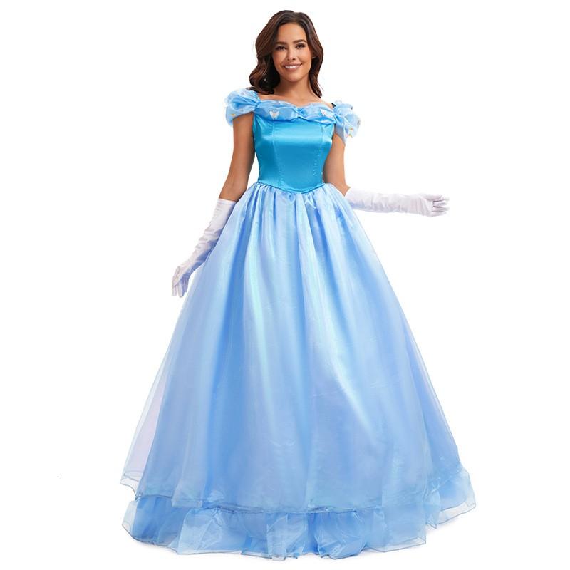 Blue Cinderella Costume Dress With Gloves Optional Hoop Skirt Stage Performance Halloween Cosplay