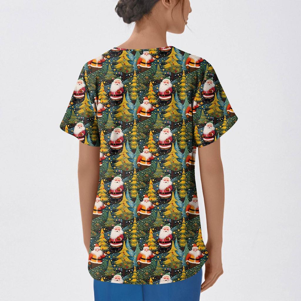 Женские модные топы с короткими рукавами и V-образным вырезом с принтом, рабочие футболки с карманами