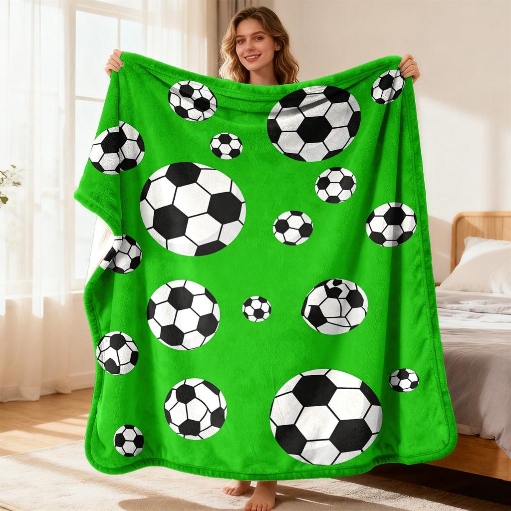 Soccer Print Flannel Blanket Ultra-Soft Lightweight & Durable Soccer Ball Design (Green Black White) with Iconic Black & White Pat