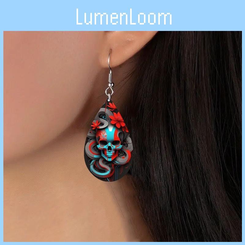 Halloween Themed Flower Skull Patterns Water Droplet Shaped Women Earrings For Festival And Night Out Events