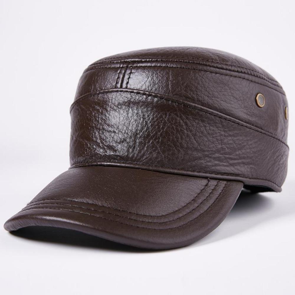 Кожаная бейсболка. Первый слой. Кепка из коровьей кожи с плоским верхом. Теплые уши осенью и зимой.