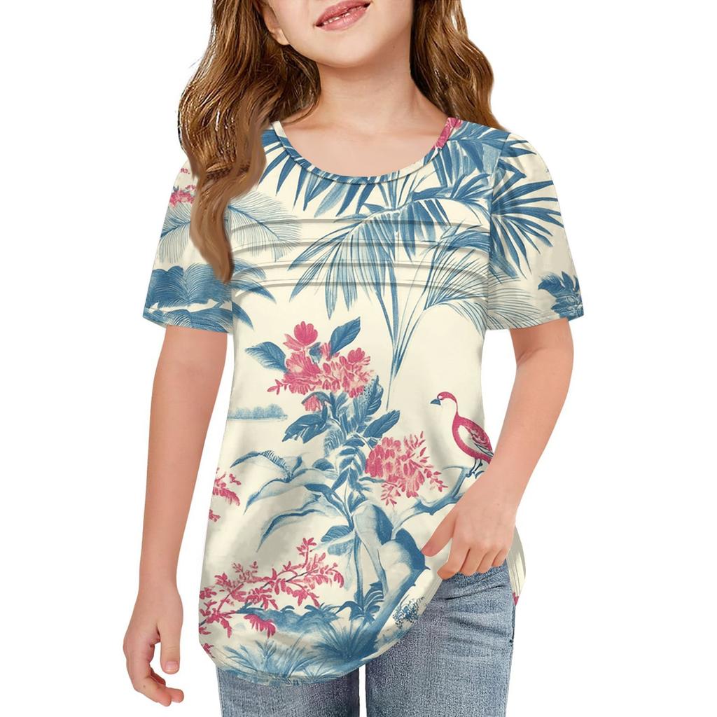 Детские футболки-складки, летние футболки с короткими рукавами и круглым воротником, с принтом цветов, пальто для отдыха