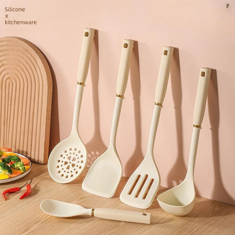 Кухонные принадлежности с силиконовой ручкой Двухцветные силиконовые кухонные принадлежности Набор из 5 предметов Силиконовая лопатка Ложка Ложка для риса Дуршлаг