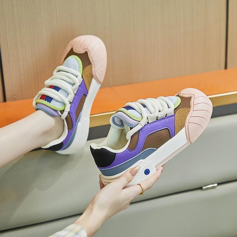 Fashion Women Sneakers Lace Up Casual Sports Shoes Mixed Colors Design Thick Bottom Vulcanized Shoes Outdoor Running Cute Shoes Female