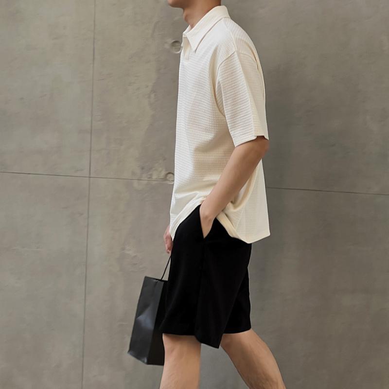 Летняя одежда, новая рубашка поло с короткими рукавами, мужская свободная футболка с лацканами, текстурированная корейская версия, повседневный топ с короткими рукавами
