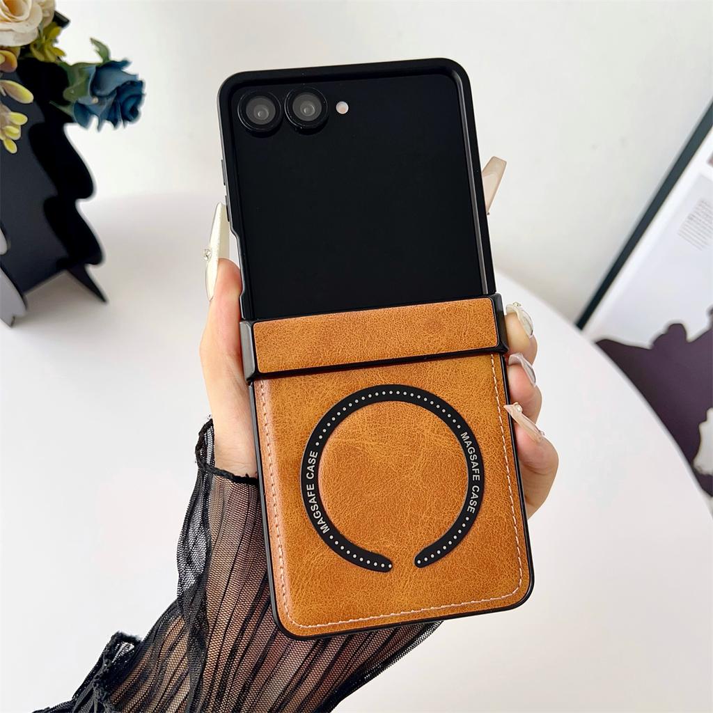 For Samsung Galaxy Z Flip 7 Phone Case PU Leather Magnetic Wireless Charging Protective Back Cover for Z Flip 7 FE 6 5 4 Shell