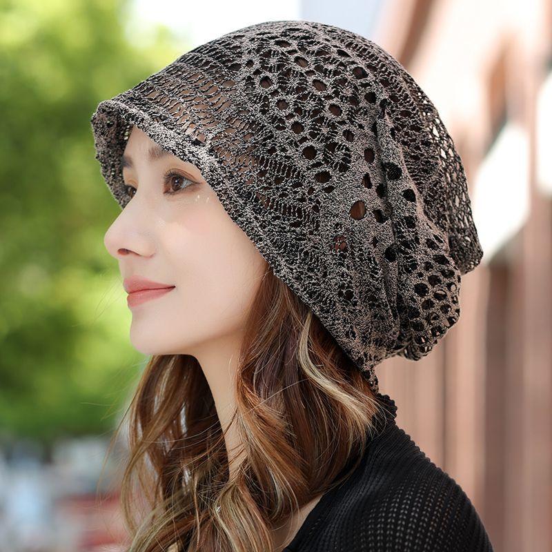 Hollow Out Pile Pile Women's Thin Head Hat Breathable and Fashionable Lace Headscarf for Spring and Summer