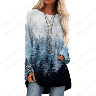 Футболки с принтом в виде природных пейзажей 3D, женская мода, футболка с длинным рукавом, туника с крестообразным узором, длинная винтажная футболка, градиентная одежда для женщин