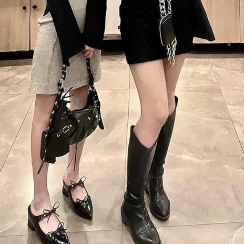 Bow Inside Heightened Baotou Cool Drag Women's Pointed Toe Shallow Mouth One Strap Mary Jane Square Heel Slippers