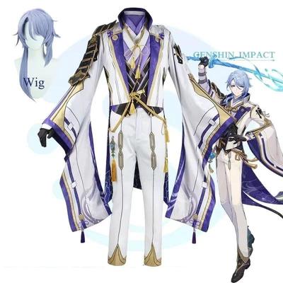 Аниме игра Genshin Impact Ayato Kamisato Косплей Костюм Аксессуары Полный комплект - Пальто брюки парик Униформа мужской костюм Карнавальная одежда для вечеринки Хэллоуин