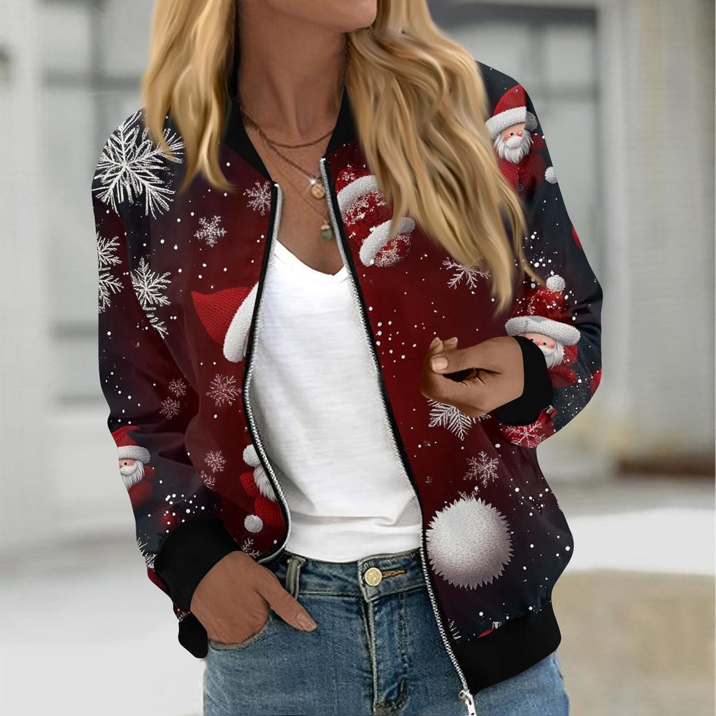Jackets For Women Long Sleeve Lightweight Zip Up Cropped Fashion Christmas Print Outerwear Casual Quilted Jackets Whith Pockets