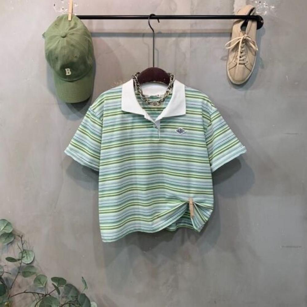 C S In The Room Men Adi Label paTCh STripe Collar ShorT Sleeve T ShirT 3Color