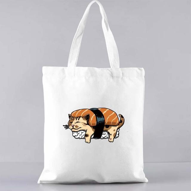 Fashion Shopping Bag Casual Canvas Shoulder Bag Commuter Reusable Japanese Cat Pattern Print Harajuku Bag