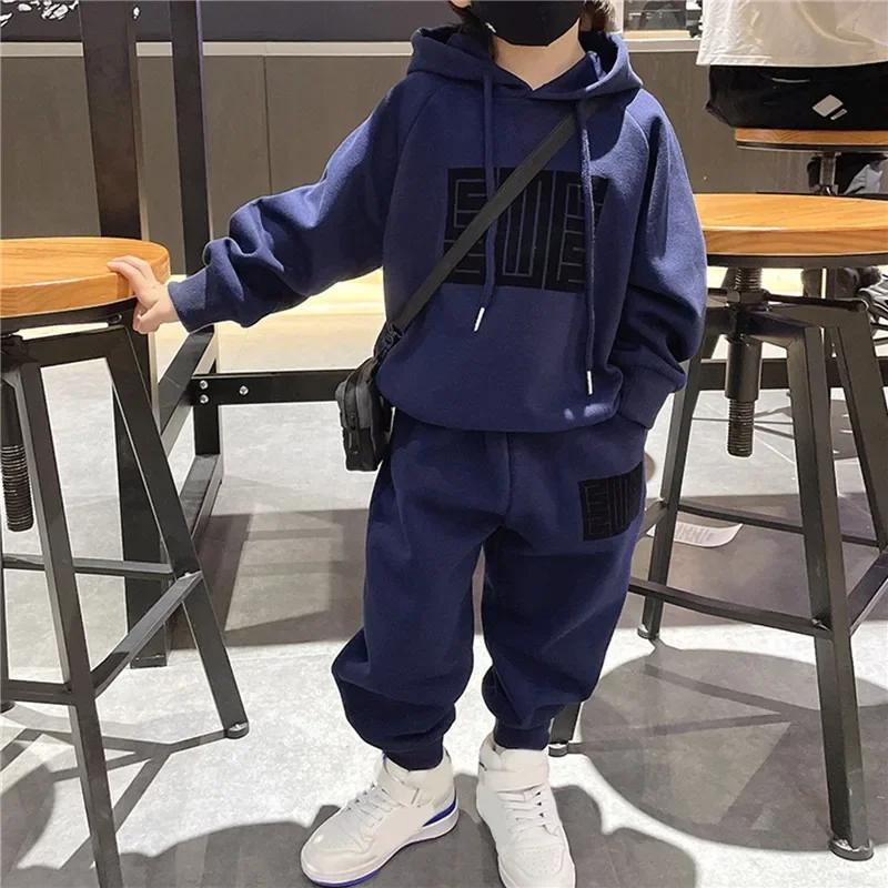 Autumn and Winter Boys Cotton Sweatshirts Sports Casual Clothes Suit Children Plus Velvet Warm Pullover Tops and Pants Two-piece Set