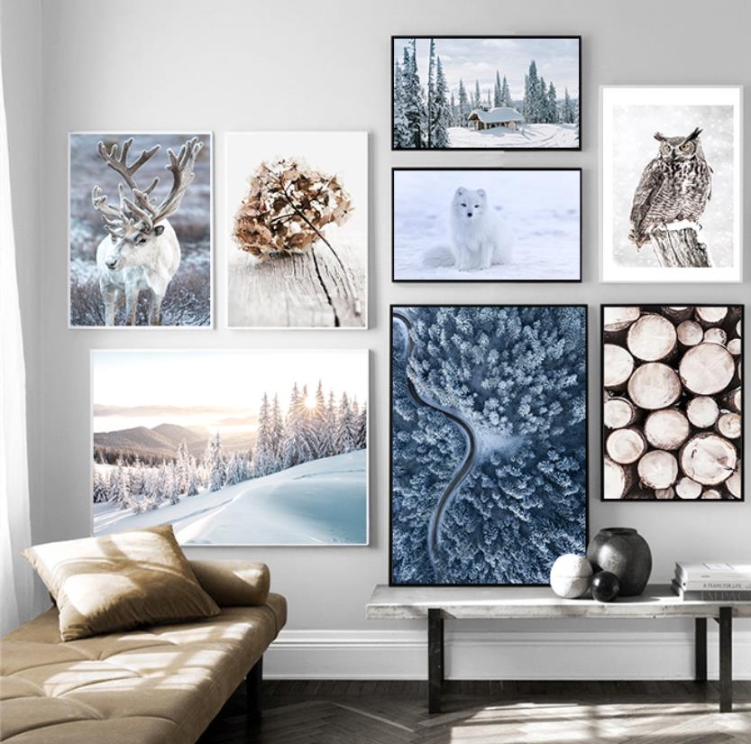 Flower Lake Snow Owl Deer Forest Landscape Winter Wall Art Canvas Painting Nordic Posters And Prints Wall Pictures Home Decor