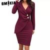 Women's Fashion Spring Autumn Solid Color Print Long Sleeve V-Neck Casual Dresses