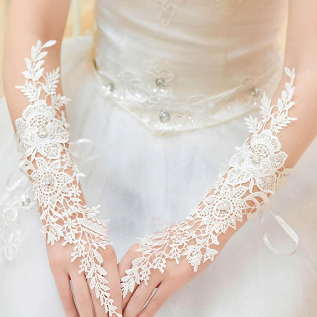 Lace Crystal Women’s Wedding Gloves Fingerless Elbow Bridal Floral Ivory Long Accessory for Bride