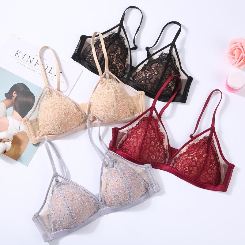 French no steel ring lace sexy pure desire underwear bra set bra thin triangle cup gather small chest
