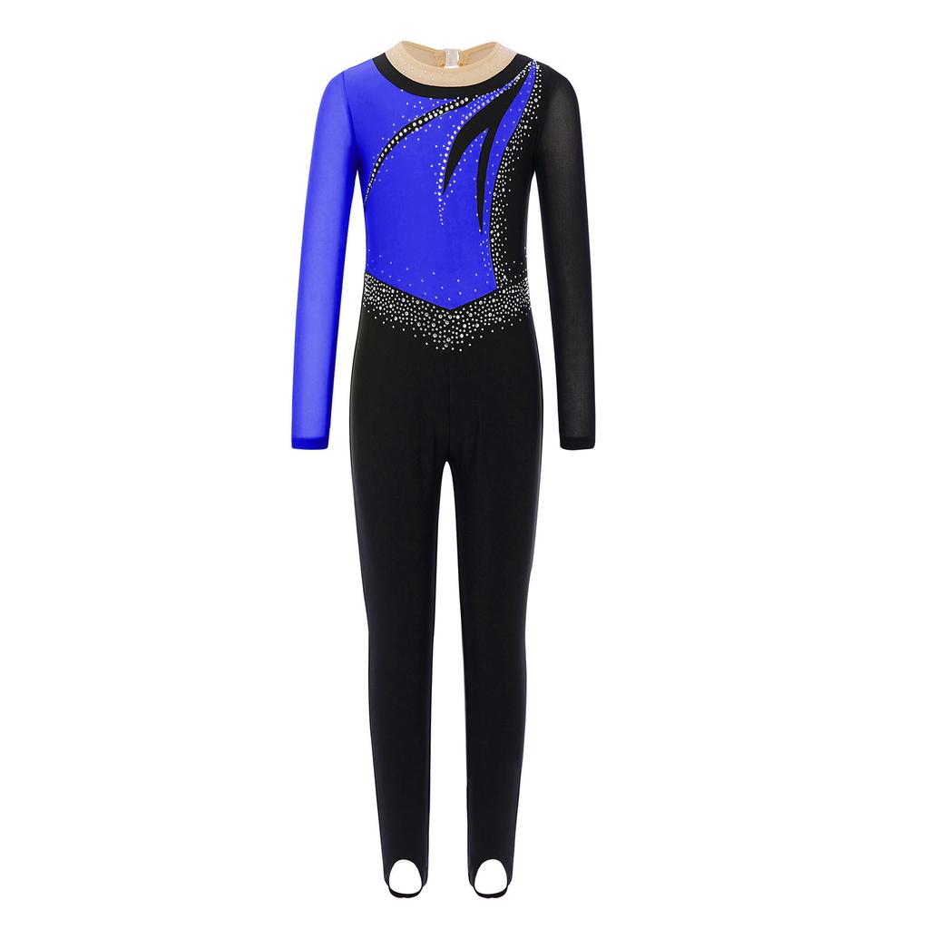 Girls Mesh Long Sleeves Keyhole Back Shiny Rhinestones Color Block Dance Jumpsuit Gymnastics Performance Costume