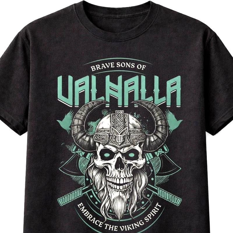 Valhalla Viking Skull T Shirt Brave Sons Norse Warrior Tee Unisex S5XL