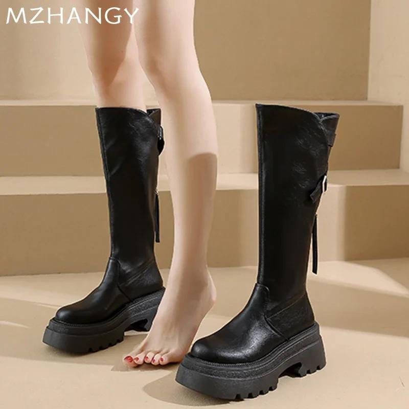 Модные женские кожаные ботинки на массивной высокой подошве до колена, ботильоны на среднем каблуке, женская обувь, тренд 2025, зимняя мода, дизайнерские мотоциклетные ботинки, Mujer Botas