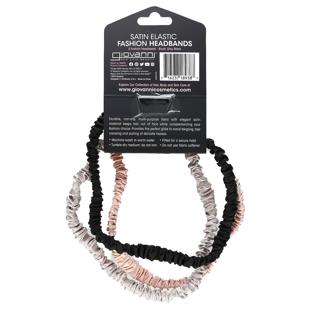 Satin Elastic Fashion Hairband, Blusher, Grey, Black, 3 Hairbands