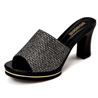 Летние босоножки на высоком каблуке со стразами, тапочки, весенняя женская обувь на толстом каблуке «рыбий рот», сандалии большого размера