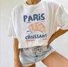 Париж Круассан Принт с буквенным узором Париж Любитель французской выпечки Винтажная графика Круглый вырез Женская футболка Лето Весна