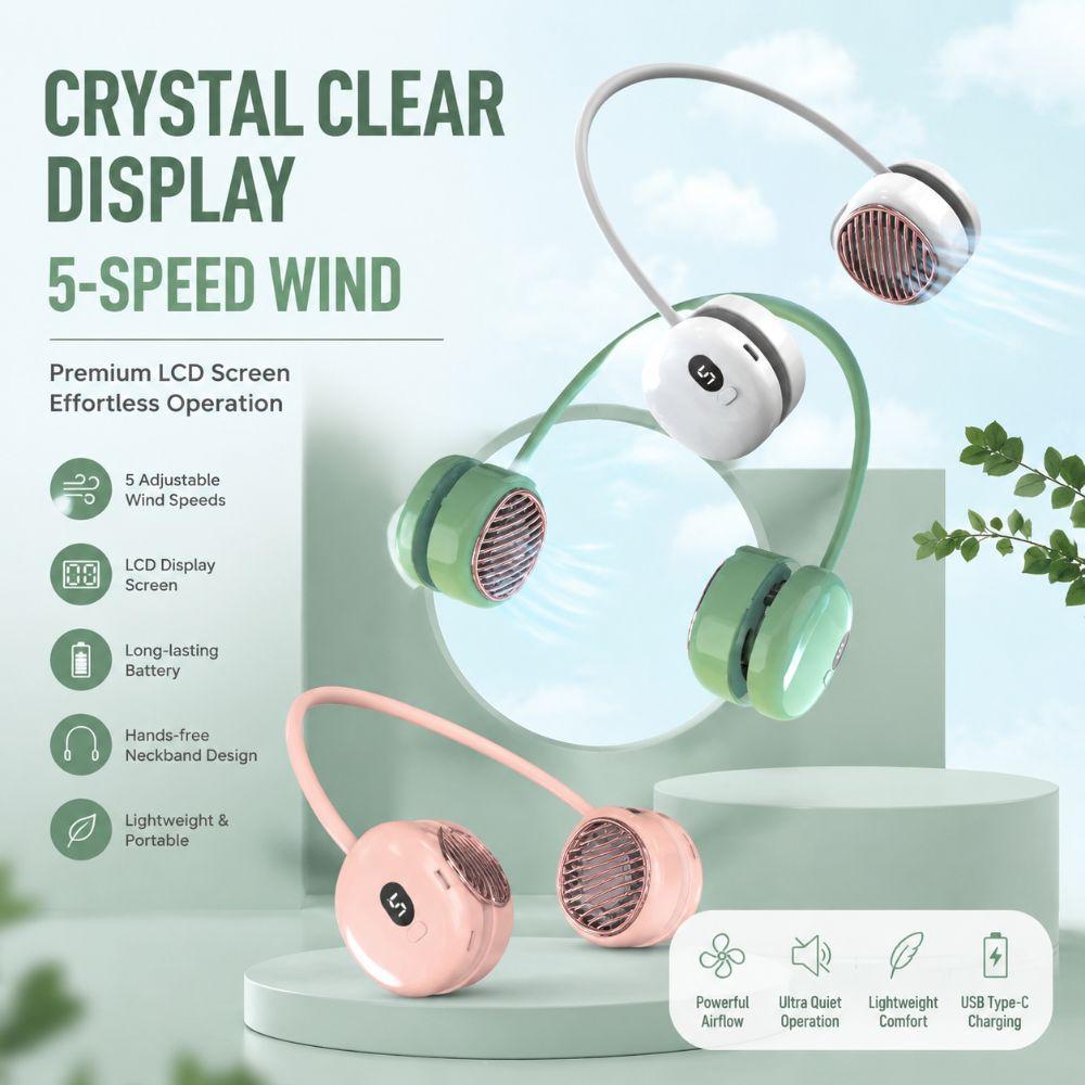 5 Speeds Portable Neck Fan Rechargeable Silent Fan Foldable Cooling Fan For Travel,Office,Outdoor