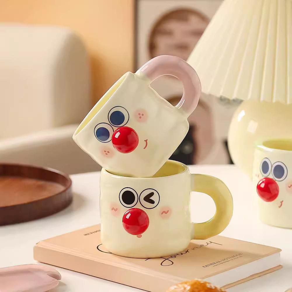 Cute Cartoon Ceramic Water Cups Couple Covered Mugs  Funny Expression Cups  Practical Gift Cups for Girls