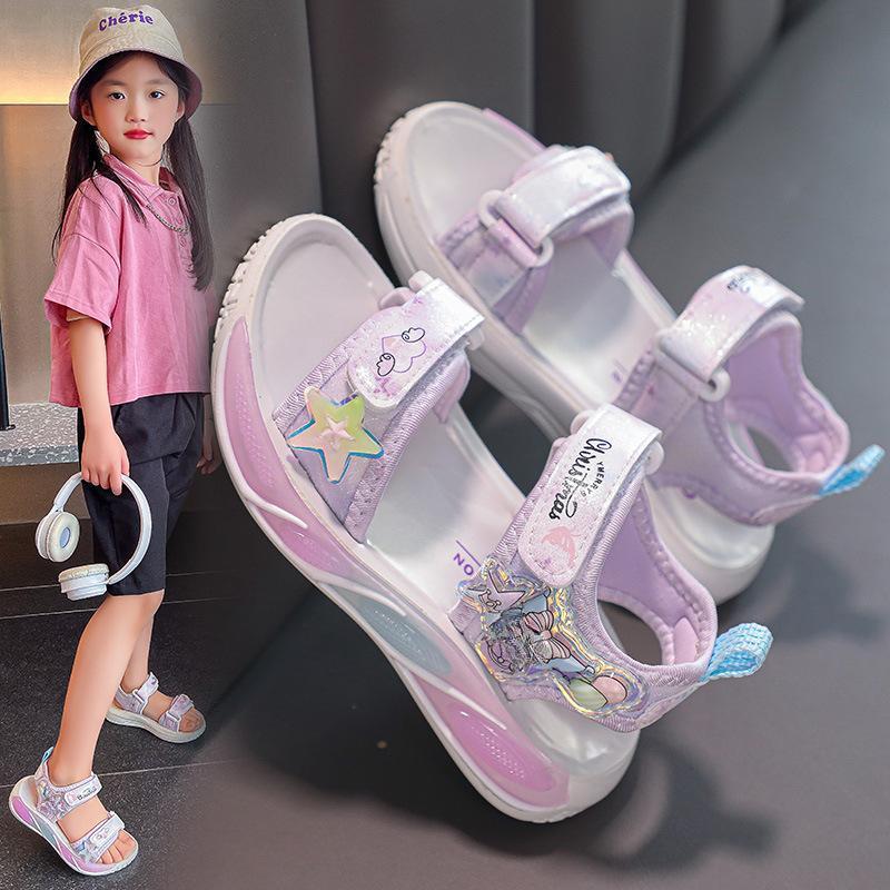 Сандалии для девочек, летняя спортивная модная пляжная обувь принцессы с кроликом, однотонная пляжная обувь на мягкой подошве