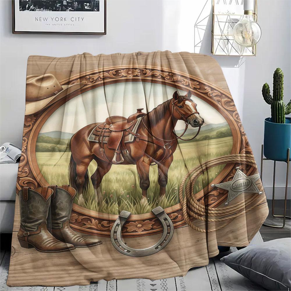 1Pc Woodenlivestock Print Flannel Blanket, High quality Comfortable for All Seasons, Home Decor, Warmth and Comfort, Perfect for Christmas Gifts