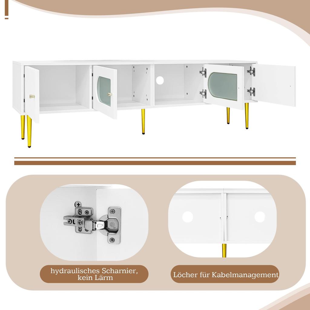 TV Schrank Lowboard 170 cm, 4 Modernes TV Board TV-ständer Mattglastür, Eleganter Fernsehtisch HiFi-Schrank Wohnzimmer Mediamöbel Weiß