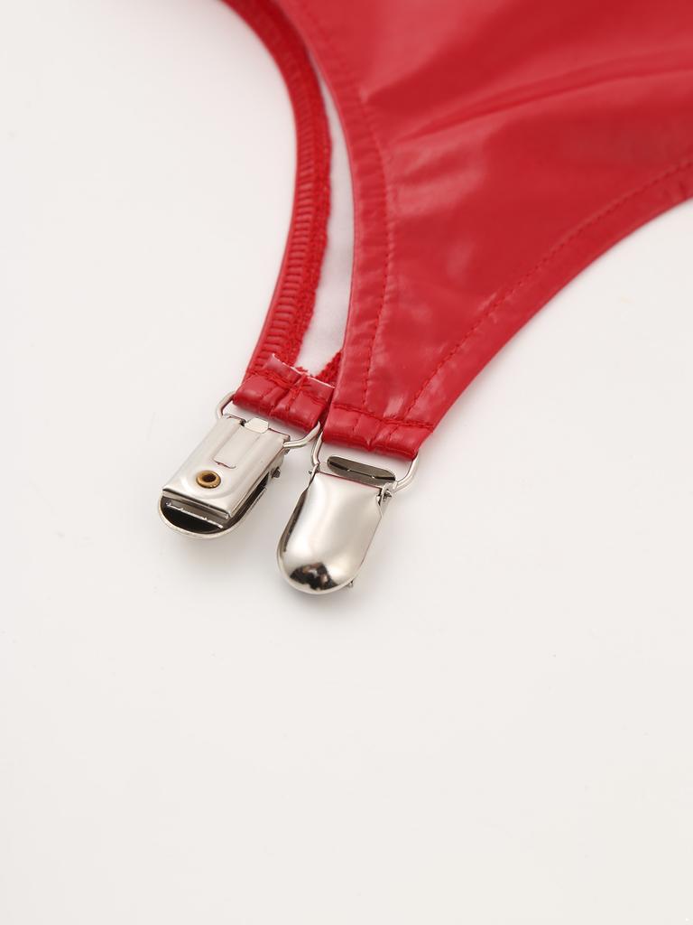 Womens Shiny Patent Leather Mini Dress Halter Neck Sleeveless Design Back Zipper Bodycon Dress Garter Clip Set