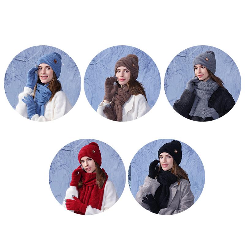 Winter Warm Hat Scarf Gloves Three-piece Set Women's Outdoor Velvet Thick Earmuffs Knitted Wool Cap