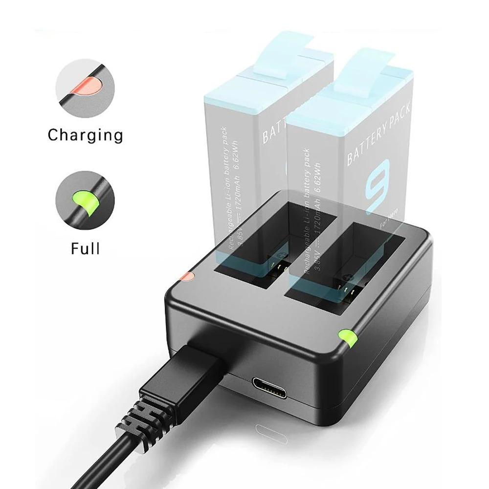 Original Battery Charger For GoPro Go Pro Hero 12 11 10 9 Black 3-Ways Fast Charger with Type C Cable Action Camera Accessories