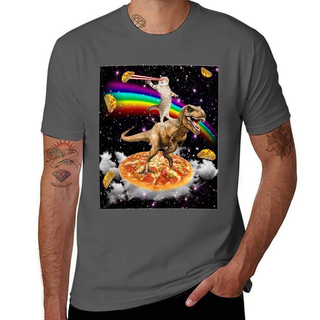 Galaxy Laser Eye Cat On Dinosaur On Pizza With Tacos Rainbow Classic Tshirt Anime T Shirts For Unisex Tshirt