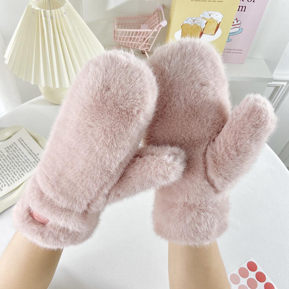 Plush Thicken Wither Warm Cashmere Gloves Imitation Rabbit Fur Women Girls Gloves Windproof Soft Full Fingers Mittens Gloves