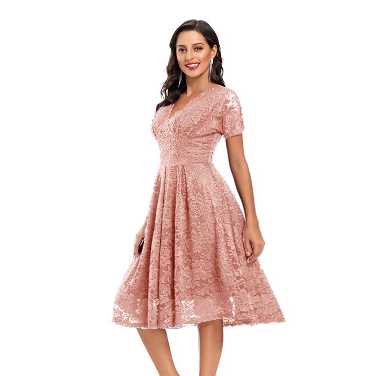 Женское кружевное платье миди с V-образным вырезом и короткими рукавами, приталенное по талии, для выпускного вечера, подружки невесты, гостя на свадьбе, вечеринки, коктейля, вечернего мероприятия