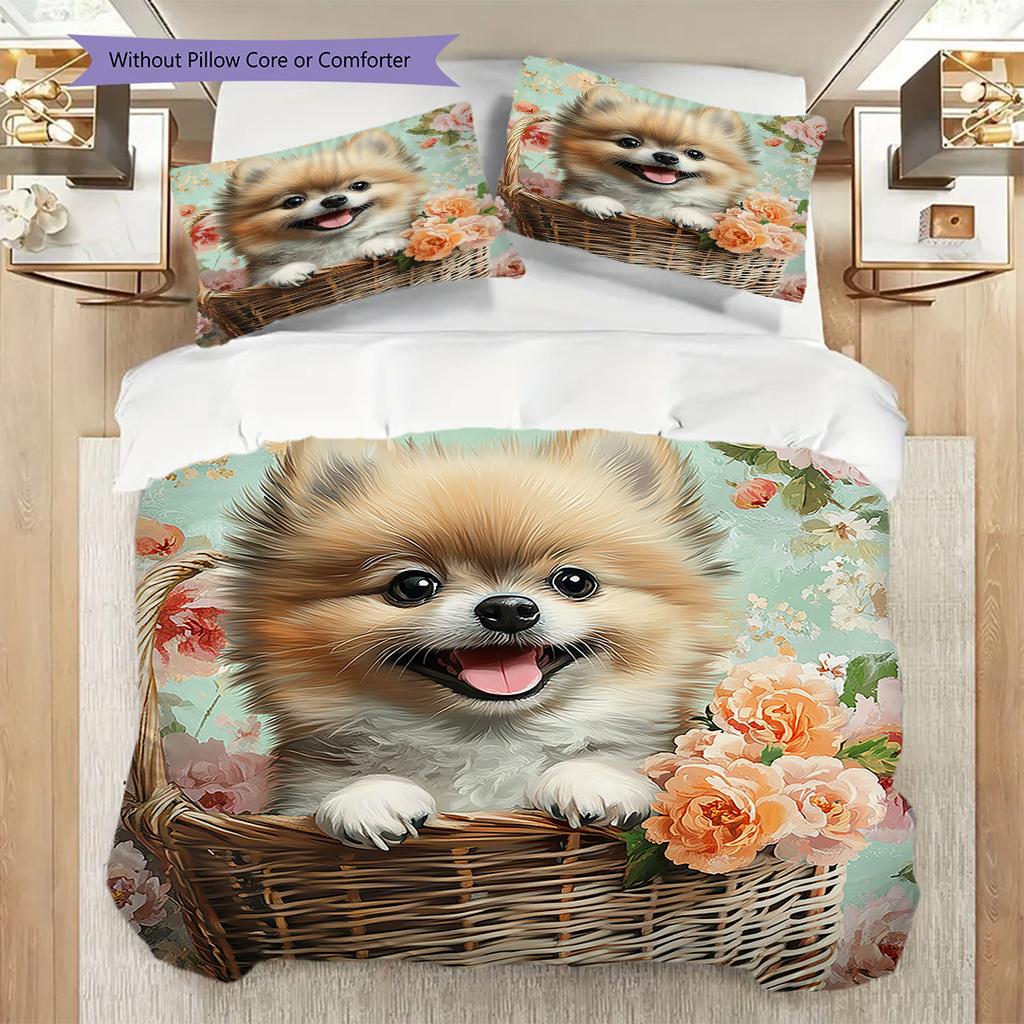 Pomeranian Pattern Bedding Quilt Set Quilt Cover Pillowcase Home Decoration Birthday Gift (1 * duvet cover + 2 * pillowcase, without core)
