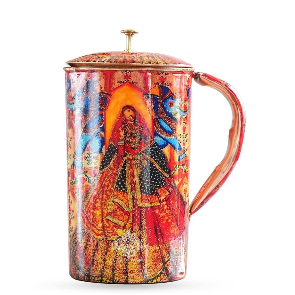 Meena Padharo Mhare Desh Theme Copper Gift Set of 1 Jug & 4 Glass - Perfect for Home, Office, and Gifting, Jug-1.5 Litre & Glass-270 ML Each